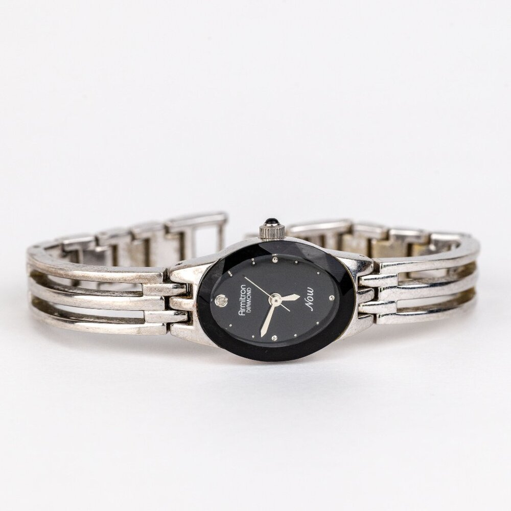 Vintage Armitron Now Diamond Watch - 90s Silver Tone Bangle Bracelet Black Dial